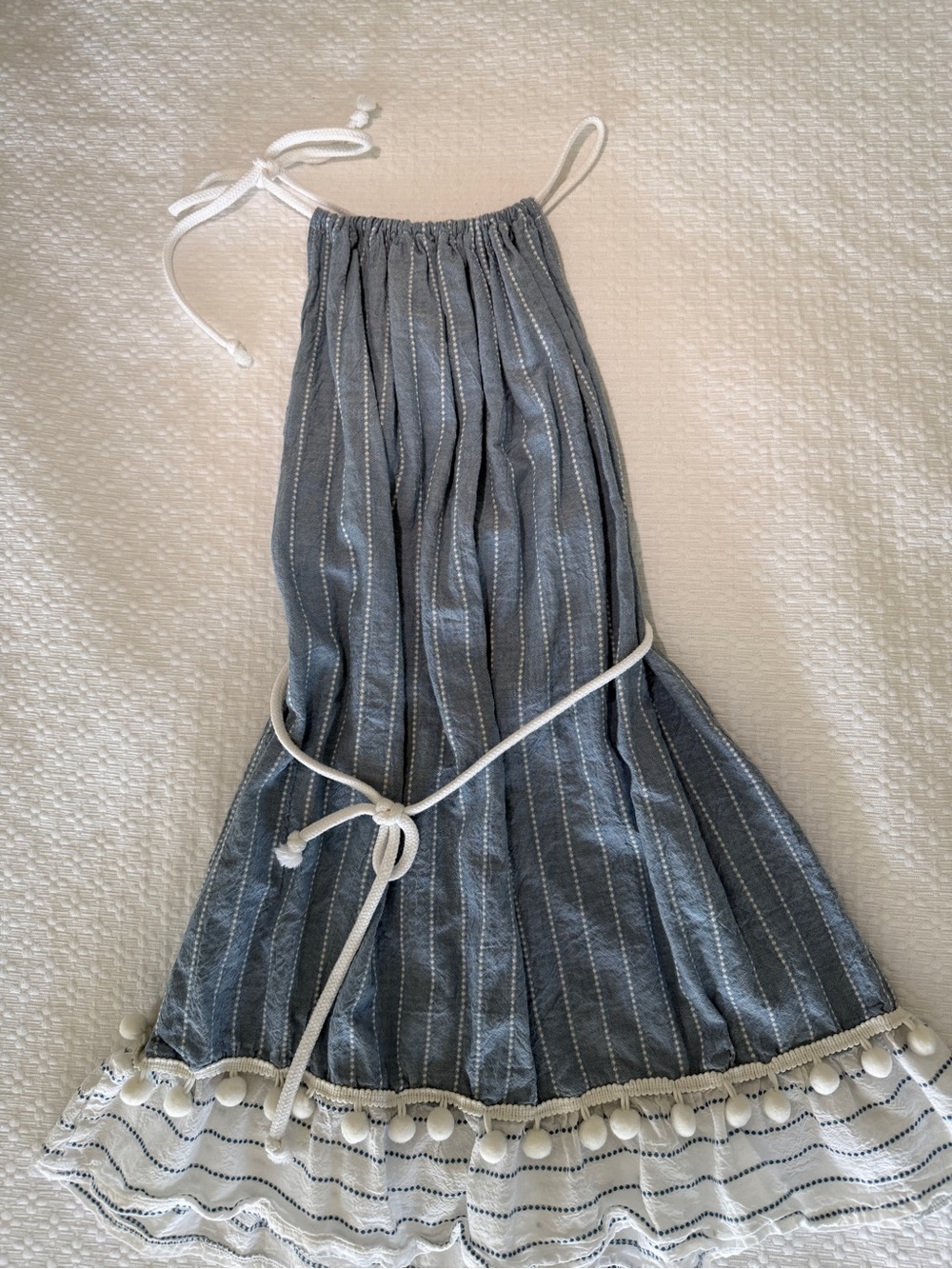 Girls Blue Striped Pom-Trim Halter Sundress